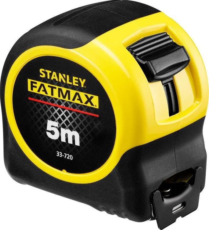 Miara zwijana STANLEY 33-720 (5 m), precyzja, taśma, wysięg, zaczep, na białym tle frontem lewo skos miara zwijana