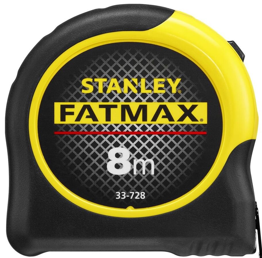 Miara zwijana STANLEY 0-33-728 (8 m), hak, wzmocniony, przesuwny, mobilność, na białym tle miara frontem na wprost