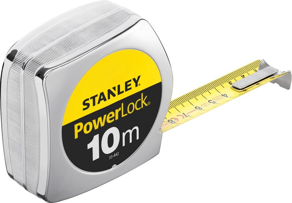Miara zwijana STANLEY 1-33-442 (10 m), folia, Mylar, czytelność, haczyk, miara przyczepiona uchwytem do kieszeni spodni