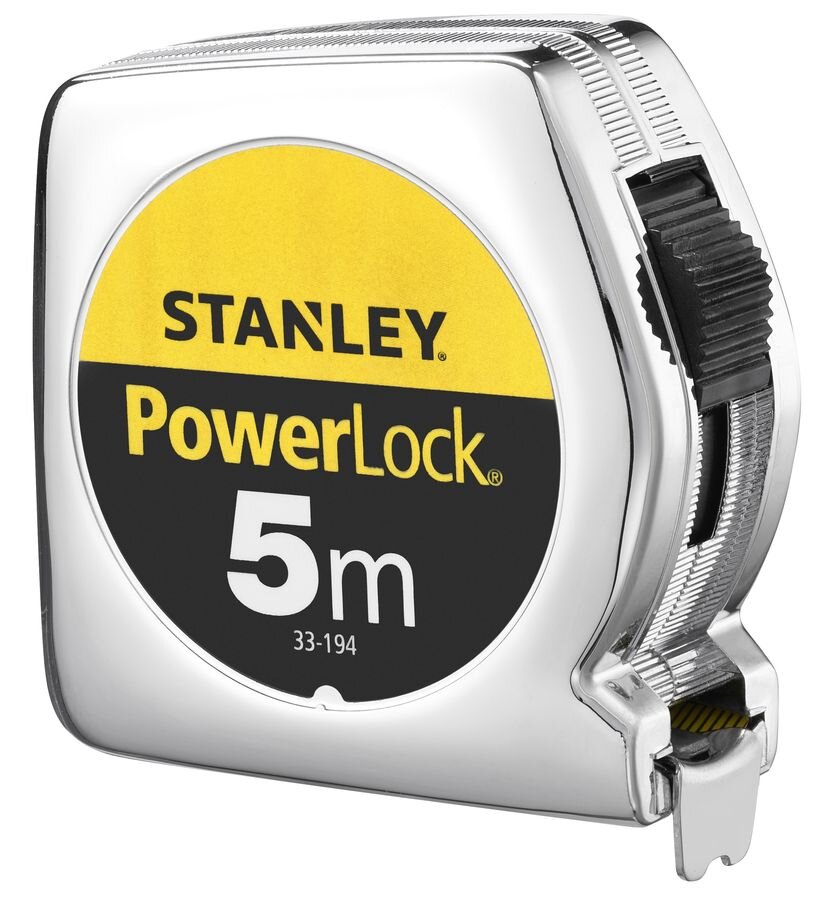 Miara zwijana STANLEY 1-33-194 (5 m), precyzyjne, zaczep, mylar, blokada, na białym tle miara frontem lewo skos