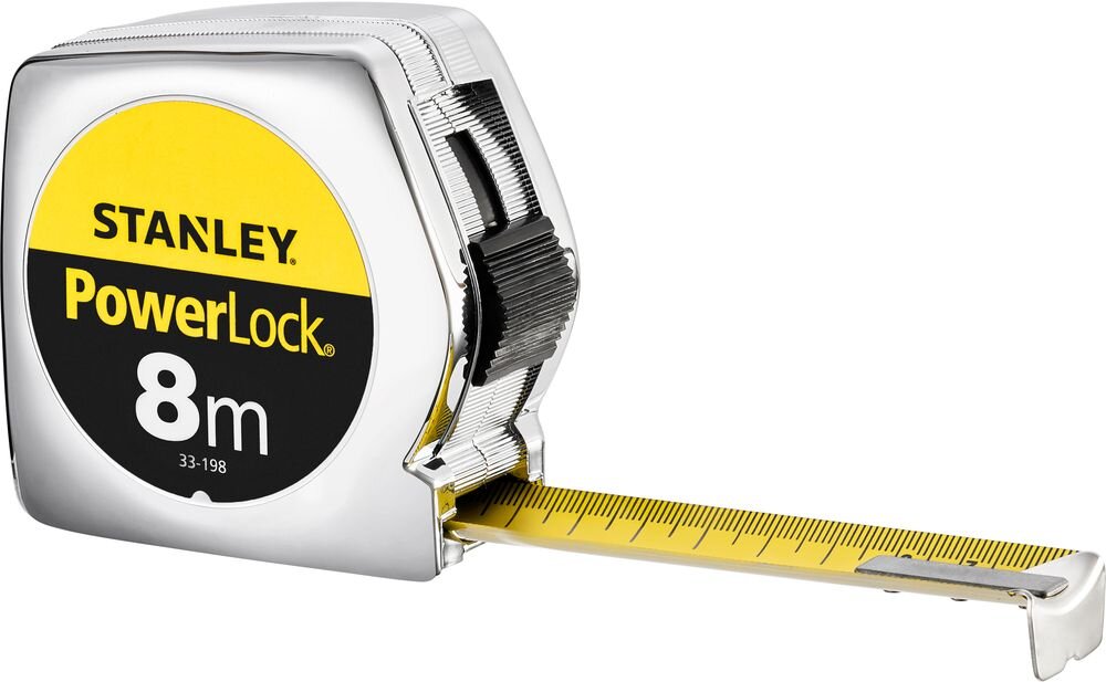 Miara zwijana STANLEY 1-33-198 (8 m), klips, pasek, lekka, mobilna, na białym tle miara rozwinięta