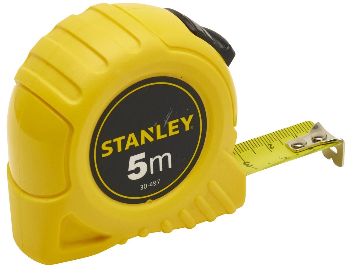 Miara zwijana STANLEY 1-30-497 (5 m), odporność, ścieranie, czytelność, nitowany, na białym tle miara z wysuniętą taśmą frontem lewo skos