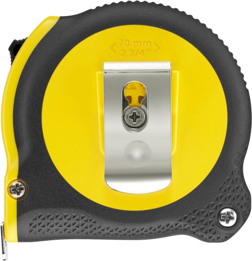 Miara zwijana STANLEY S/30-697-0, pomiary, remonty, hobby, lekkość, na białym tle miarka zwijana od strony zaczepu frontem na wprost