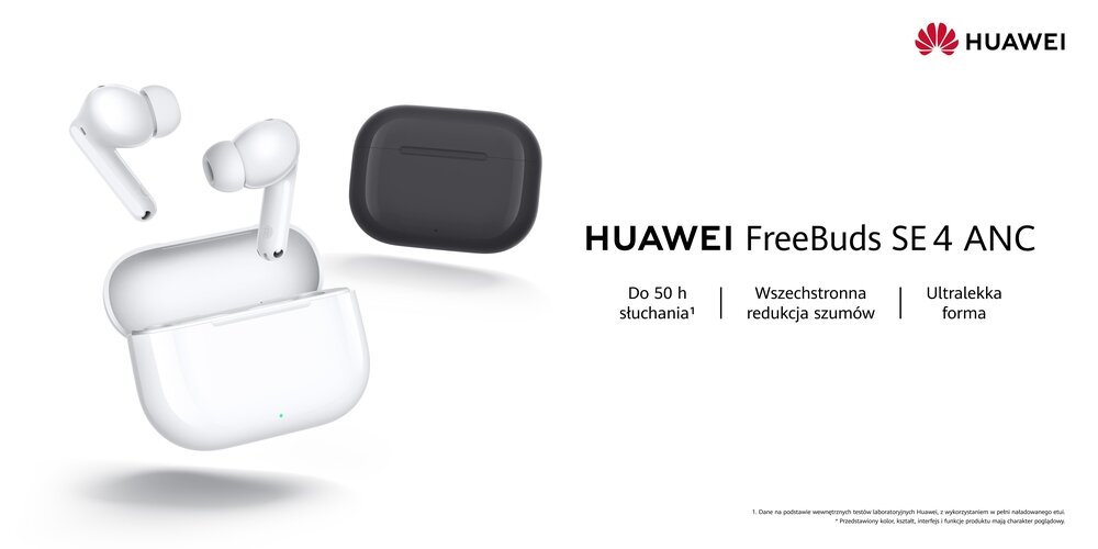 Obraz przedstawia białe słuchawki dokanałowe HUAWEI FreeBuds SE 4 ANC z otwartym etui oraz zamknięte czarne etui. Widoczny tekst: \'HUAWEI FreeBuds SE 4 ANC\', \'Do 50 h słuchania¹\', \'Wszechstronna redukcja szumów\', \'Ultralekka forma\'.