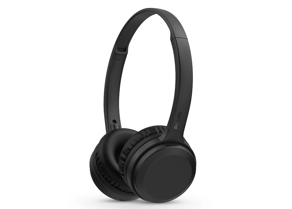 Czarne słuchawki nauszne z widocznym logo \'Philips\' na pałąku. Słuchawki mają miękkie nauszniki i regulowany pałąk.