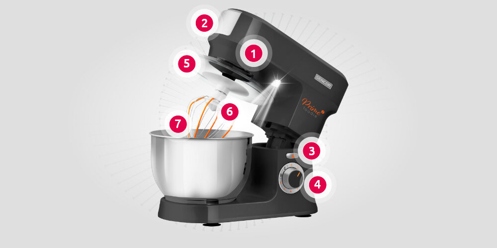 Na obrazie znajduje się czarny robot kuchenny z metalową misą i widocznymi elementami oznaczonymi numerami od 1 do 7. Logo producenta jest widoczne na górnej części urządzenia.