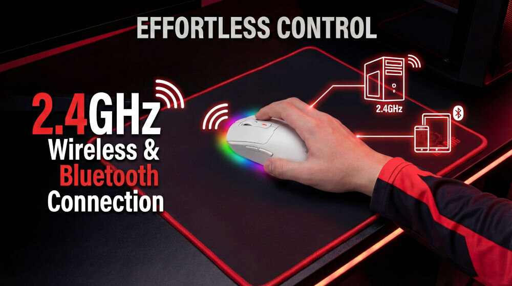 Osoba trzyma białą mysz komputerową na podkładce, z kolorowym podświetleniem. Na obrazie widoczny jest tekst: \'EFFORTLESS CONTROL 2.4GHz Wireless & Bluetooth Connection\'.