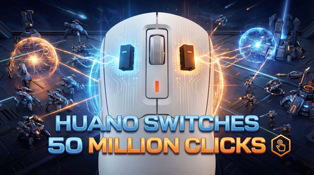 Obraz przedstawia białą mysz komputerową z dwoma przyciskami i rolką, otoczoną futurystycznymi elementami graficznymi. Na dole widoczny jest tekst: \'HUANO SWITCHES 50 MILLION CLICKS\'.