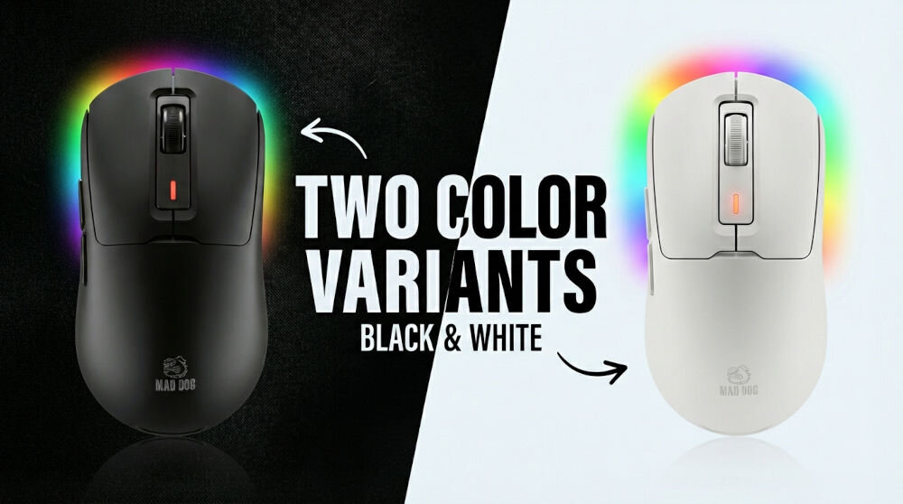Obraz przedstawia dwie myszy komputerowe w kolorach czarnym i białym, z podświetleniem RGB wokół. Na środku widnieje tekst: \'TWO COLOR VARIANTS BLACK & WHITE\'.