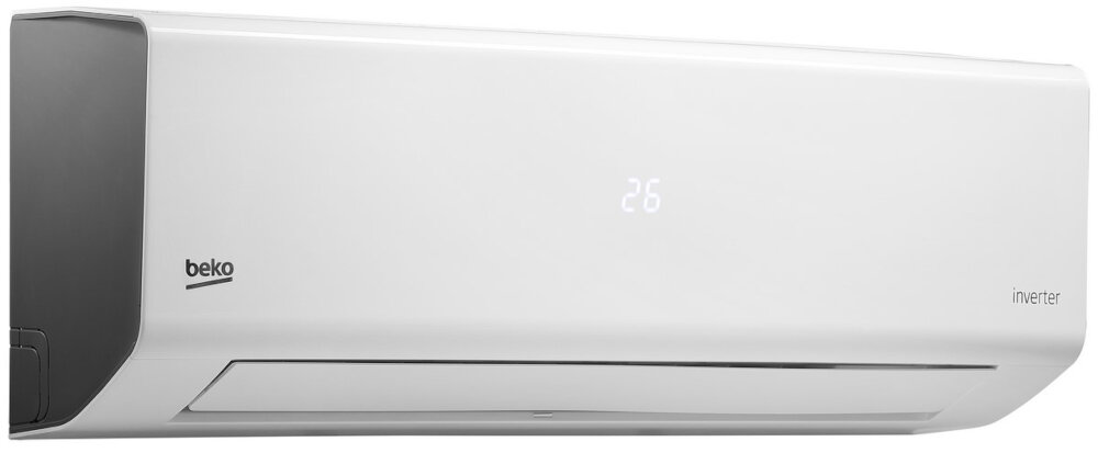 Biały klimatyzator ścienny z wyświetlaczem pokazującym liczbę 26. Widoczne logo \'beko\' oraz napis \'inverter\'.