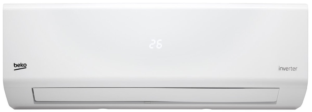 Biały klimatyzator ścienny z wyświetlaczem pokazującym liczbę 26. Widoczne logo \'beko\' oraz napis \'inverter\'.