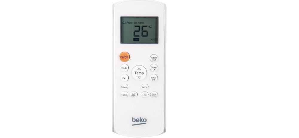 Pilot z wyświetlaczem pokazującym temperaturę 26°C, z przyciskami funkcyjnymi i logo beko na dole.