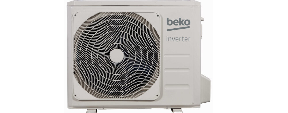 Na obrazie widoczna jest jednostka zewnętrzna klimatyzatora z logo \'beko\' i napisem \'inverter\'. Urządzenie ma metalową obudowę z dużym wentylatorem z przodu.