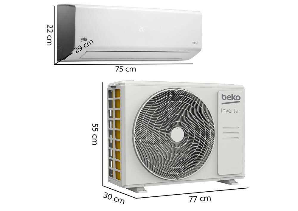 Obraz przedstawia dwa elementy klimatyzatora: jednostkę wewnętrzną i zewnętrzną. Jednostka wewnętrzna ma wymiary 75 cm x 29 cm x 22 cm, a zewnętrzna 77 cm x 55 cm x 30 cm, z widocznym logo \'beko\' i napisem \'Inverter\'.
