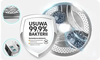 Obraz przedstawia wnętrze bębna pralki z widocznymi szczotkami czyszczącymi oraz tarczą z napisem \'USUWA 99.9% BAKTERII\'. Obok znajduje się małe zdjęcie pojemnika na detergent.