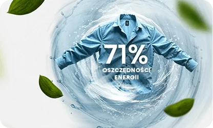 Obraz przedstawia niebieską koszulę wirującą w wodzie z tekstem \'71% OSZCZĘDNOŚCI ENERGII\'. Wokół koszuli widoczne są zielone liście.