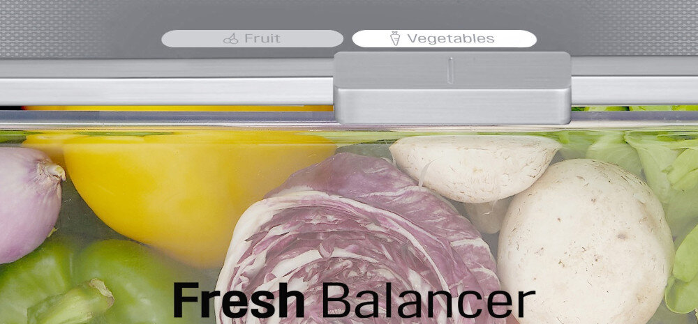 Wnętrze lodówki z widocznymi warzywami, takimi jak papryka, cebula, sałata i pieczarki. Na górze znajduje się suwak z napisami \'Fruit\' i \'Vegetables\', a poniżej tekst \'Fresh Balancer\'.