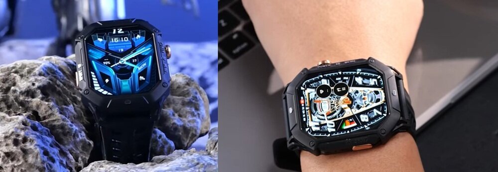 Dwa zdjęcia przedstawiające smartwatch w czarnym kolorze. Na pierwszym zdjęciu zegarek leży na kamieniach, a na drugim jest na nadgarstku, z wyświetlaczem pokazującym skomplikowany wzór.