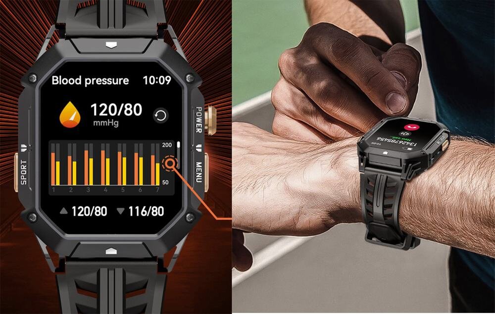 Smartwatch z czarnym paskiem wyświetla na ekranie pomiar ciśnienia krwi: 120/80 mmHg. Obok widoczna jest osoba zakładająca zegarek na nadgarstek.