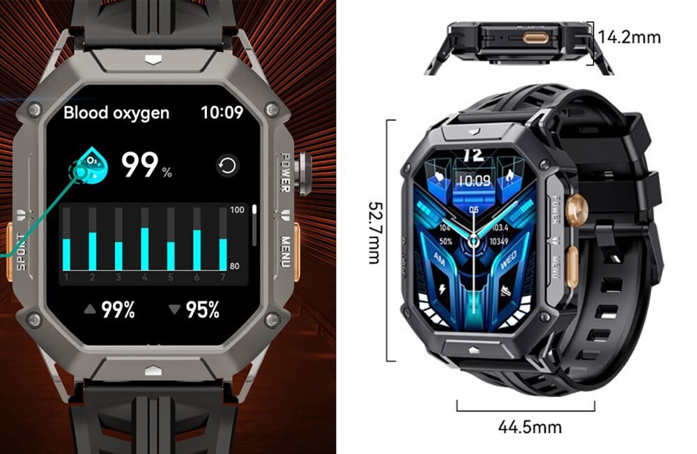 Obraz przedstawia smartwatch z wyświetlaczem pokazującym poziom tlenu we krwi na poziomie 99% oraz wykres słupkowy. Obok widoczne są wymiary zegarka: 52.7 mm wysokości, 44.5 mm szerokości i 14.2 mm grubości.