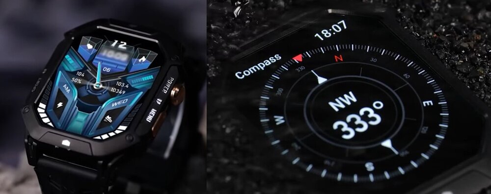 Obraz przedstawia smartwatch z wyświetlaczem pokazującym tarczę zegarka z niebieskimi i czarnymi elementami oraz cyfrowym kompasem wskazującym 333 stopnie NW. Na ekranie widoczny jest tekst: \'Compass\' oraz godzina \'18:07\'.