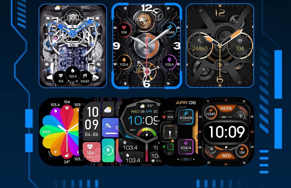 Obraz przedstawia różne tarcze zegarka smartwatch z kolorowymi i złożonymi wzorami, w tym cyfrowe i analogowe wyświetlacze z różnymi wskaźnikami, takimi jak data, czas i tętno. Widoczne są elementy graficzne, takie jak koła zębate i kolorowe wykresy.
