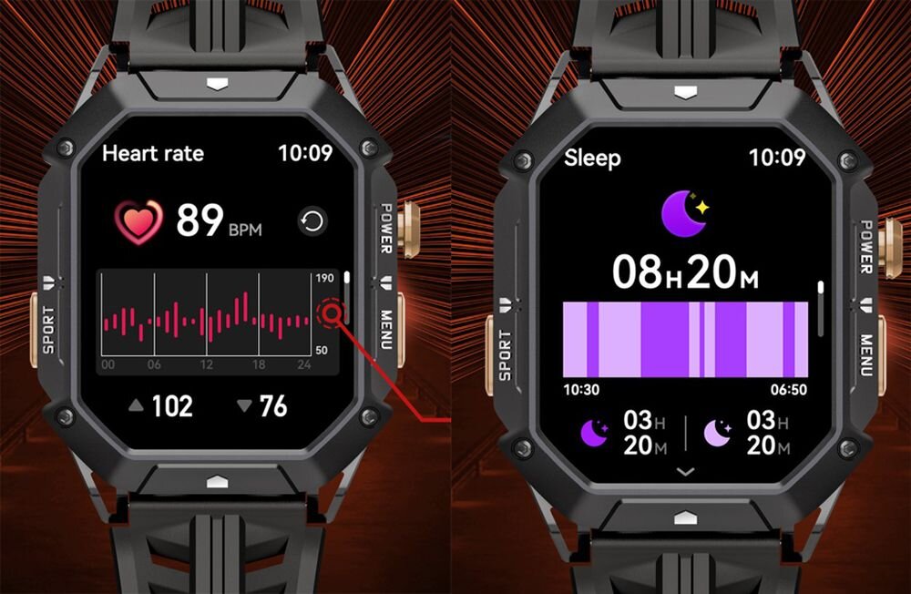 Smartwatch z czarnym paskiem wyświetla dwa ekrany: jeden z pomiarem tętna \'Heart rate 89 BPM\' oraz wykresem, drugi z monitorowaniem snu \'Sleep 08H20M\' z graficznym przedstawieniem faz snu. Na obu ekranach widoczne są przyciski oznaczone jako \'SPORT\', \'POWER\', \'MENU\'.