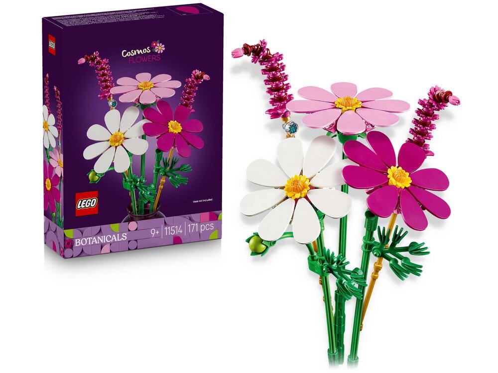 Na obrazie widoczny jest zestaw LEGO przedstawiający kwiaty kosmosu z serii Botanicals, składający się z 171 elementów. Obok pudełka znajduje się złożony model kwiatów w kolorach białym, różowym i fioletowym.