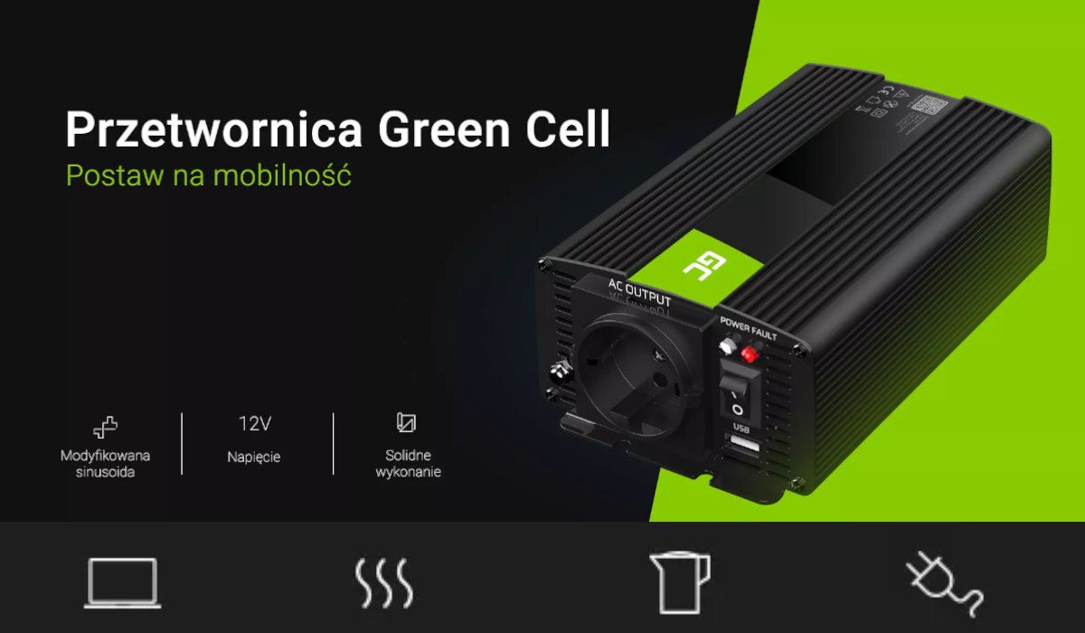 Obraz przedstawia przetwornicę Green Cell z napisem \'Przetwornica Green Cell Postaw na mobilność\'. Widoczne są ikony i teksty: \'Modyfikowana sinusoida\', \'12V Napięcie\', \'Solidne wykonanie\'.