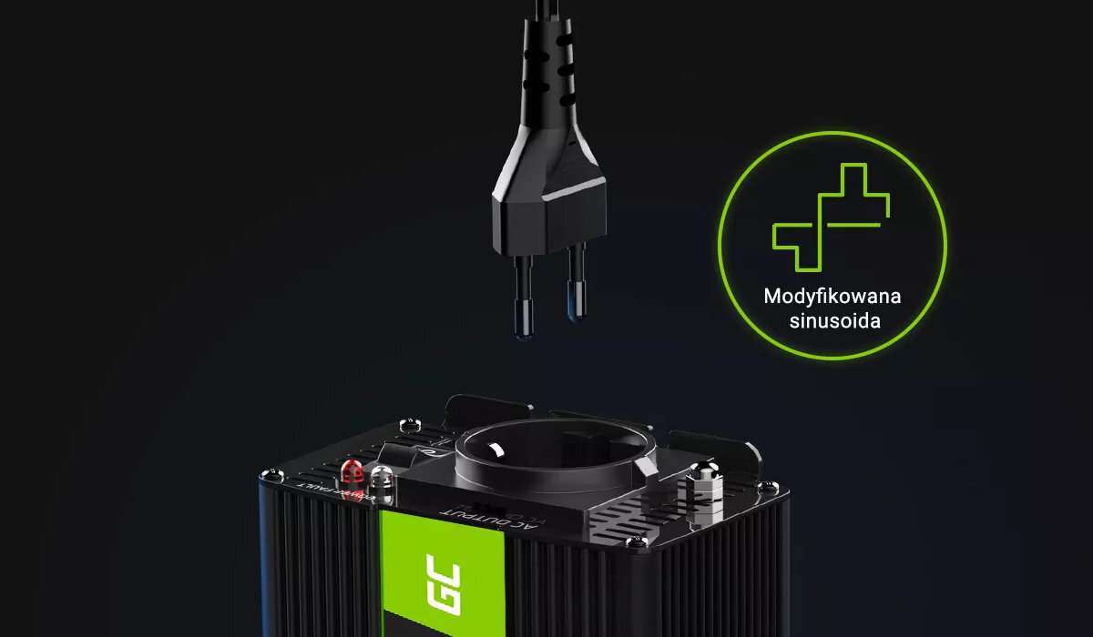 Obraz przedstawia przetwornicę z logo \'GC\' oraz wtyczkę elektryczną nad nią. Obok znajduje się symbol modyfikowanej sinusoidy z napisem \'Modyfikowana sinusoida\'.