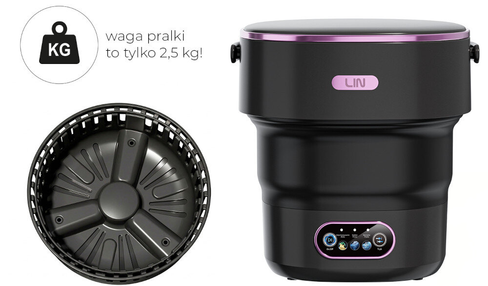 Obraz przedstawia pralko-wirówkę LIN LI-PRT-13BL w kolorze czarnym z fioletowymi akcentami oraz widok wnętrza bębna. Obok znajduje się ikona wagi z napisem \'waga pralki to tylko 2,5 kg!\'