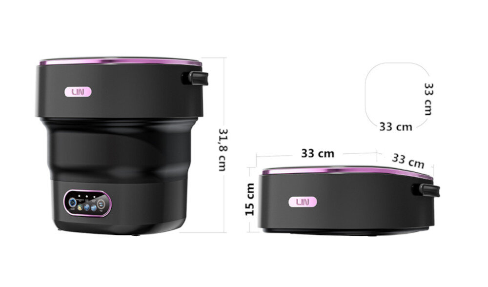 Obraz przedstawia czarną pralko-wirówkę z różowymi elementami, oznaczoną logo \'LIN\'. Wymiary urządzenia to 31,8 cm wysokości i 33 cm szerokości, a po złożeniu 15 cm wysokości.