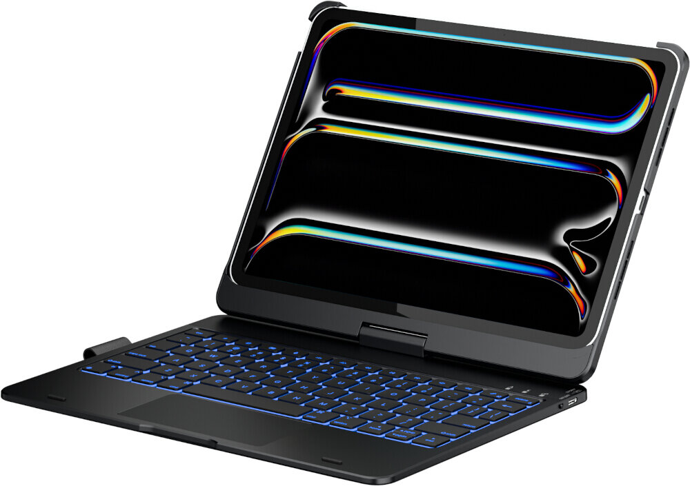 Obraz przedstawia czarne etui z klawiaturą, na którym zamontowany jest tablet z wyświetlaczem pokazującym abstrakcyjne, kolorowe wzory na czarnym tle. Klawiatura jest podświetlana na niebiesko.