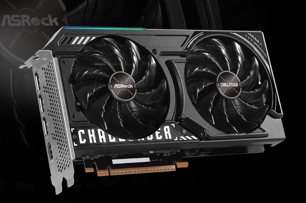 Karta graficzna z dwoma dużymi wentylatorami, na których widoczne są napisy \'ASRock\' i \'CHALLENGER\'. Obok znajduje się logo \'ASRock\'.