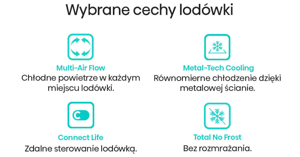 Obraz przedstawia cztery ikony z opisami cech lodówki: Multi-Air Flow, Metal-Tech Cooling, Connect Life, Total No Frost. Każda ikona ma krótki opis funkcji, np. \'Chłodne powietrze w każdym miejscu lodówki\'.