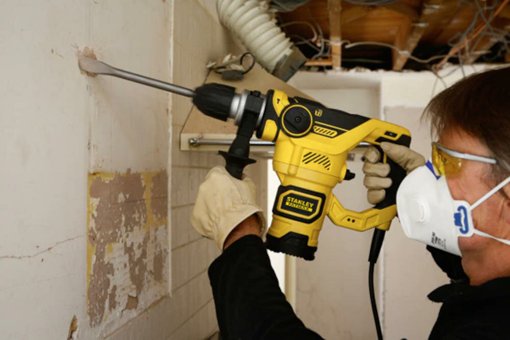 STANLEY-FME1250K bezszczotkowa uchwyt szybka wymiana akcesoria energia udar efektywne wiercenie dłutowanie beton wskaźnik zużycia szczotka tryby praca