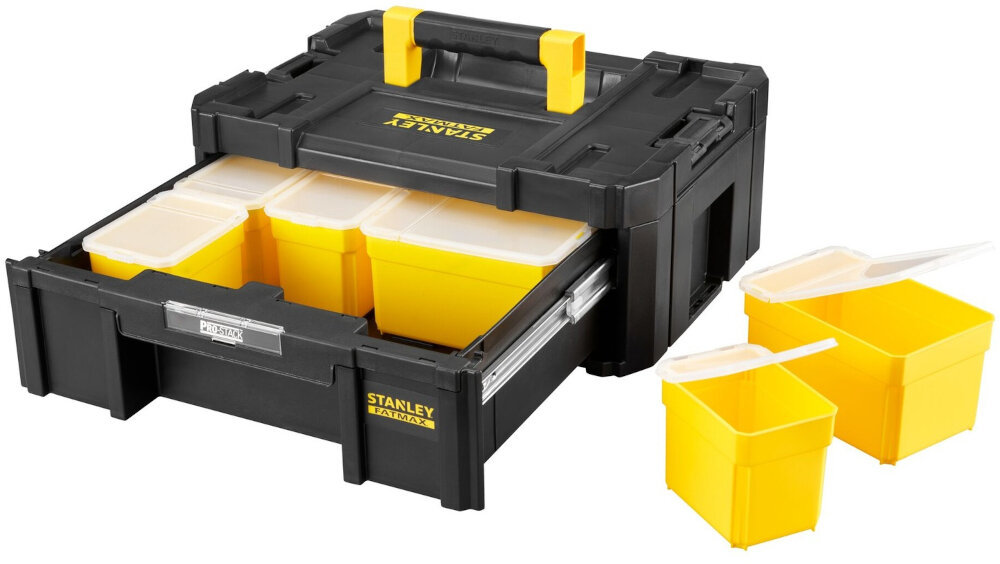 Moduł STANLEY Fatmax Pro Stack III FMST1 71968 skrzynia i pojemniki na białym tle praktyczny gadżet pomaga uporządkować narzędzia akcesoria i drobne elementy montażowe efektywność codziennej pracy porządek