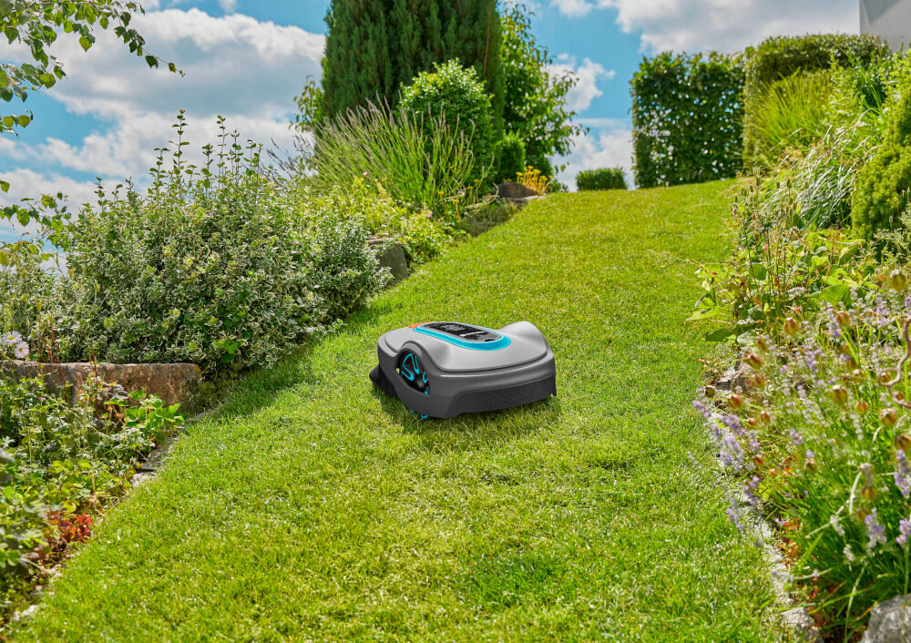 Na obrazie widoczny jest robot koszący na trawniku otoczonym bujną roślinnością i krzewami pod błękitnym niebem z chmurami.