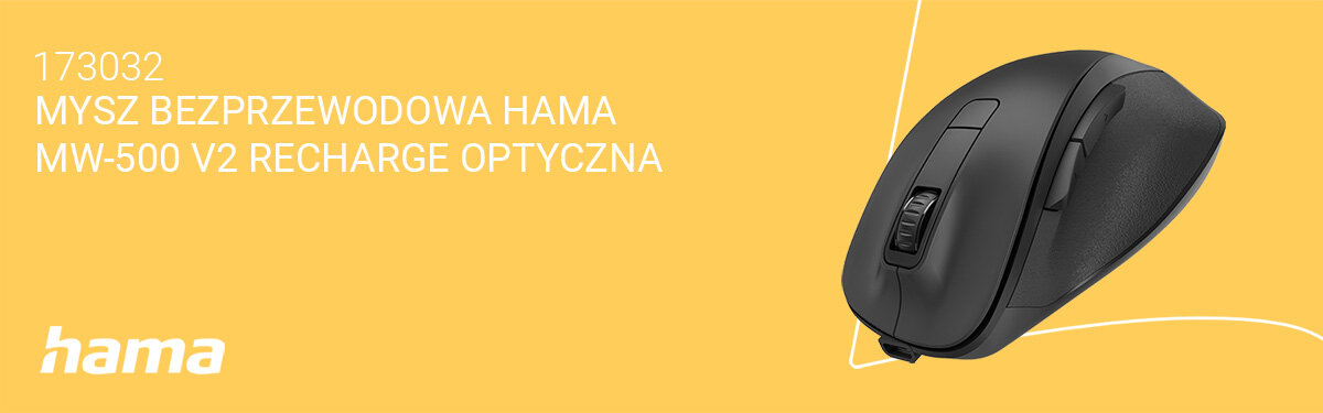 Na żółtym tle znajduje się czarna mysz komputerowa z widocznym logo \'hama\'. Obok myszki widnieje tekst: \'173032 MYSZ BEZPRZEWODOWA HAMA MW-500 V2 RECHARGE OPTYCZNA\'.