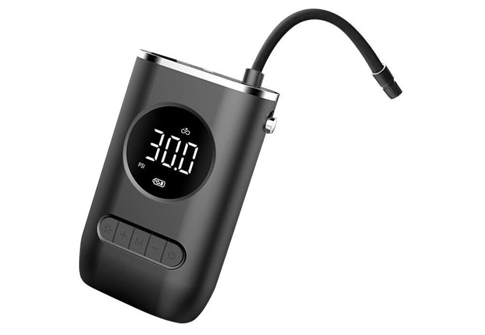 Czarna pompka rowerowa z wyświetlaczem pokazującym \'30.0 PSI\' oraz kilkoma przyciskami poniżej. Posiada elastyczny wąż z końcówką do pompowania.