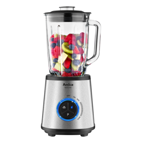 Blender kielichowy z przezroczystym pojemnikiem wypełnionym owocami, z widocznym logo \'Amica 1500W\' na srebrnej podstawie z czarnym panelem sterowania.