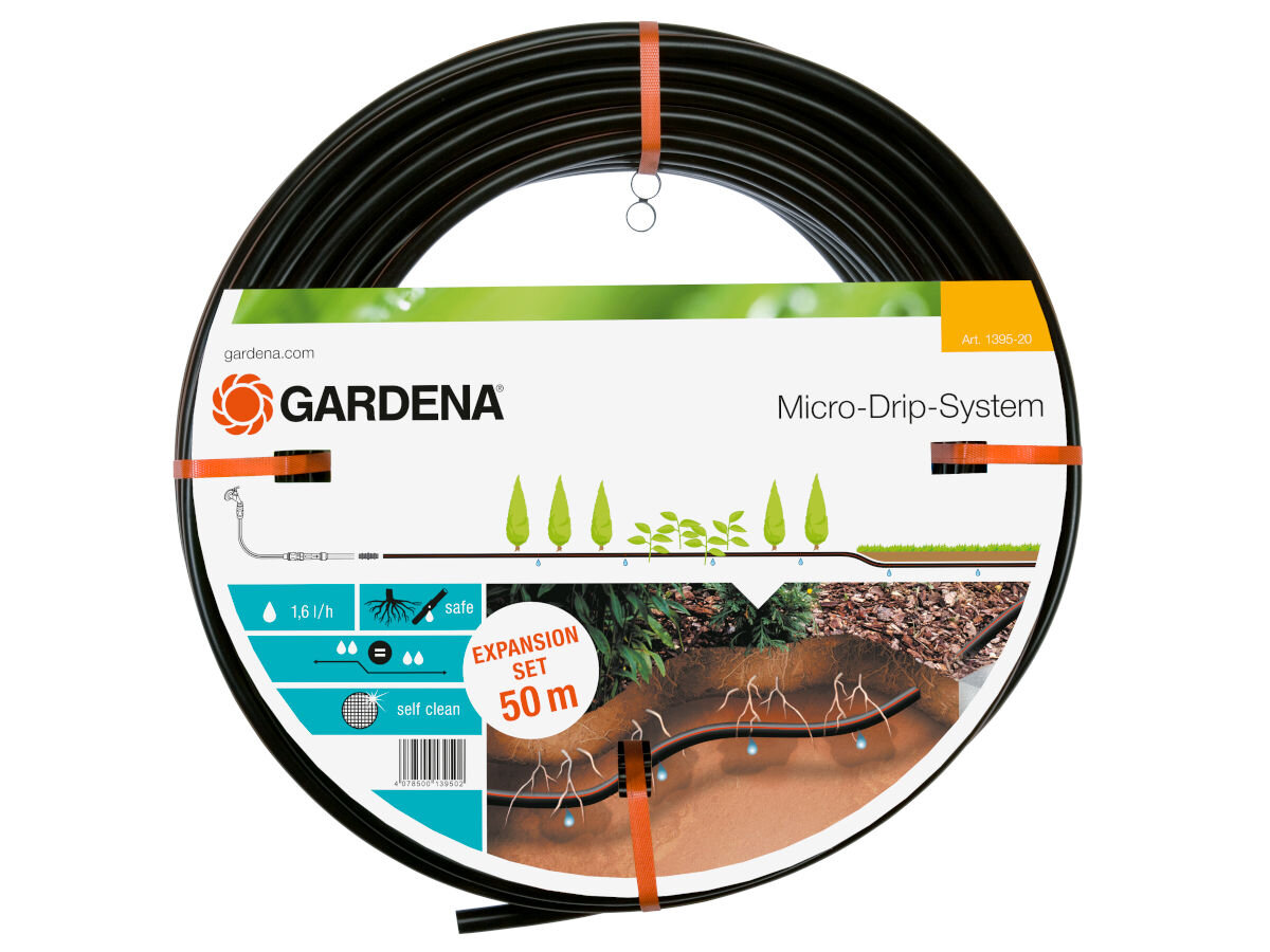Linia kroplująca GARDENA Micro-Drip-System 1395-20, nawadnianie, woda, podziemne, wąż, na białym tle od góry zdjęcie pakietu linii kroplującej