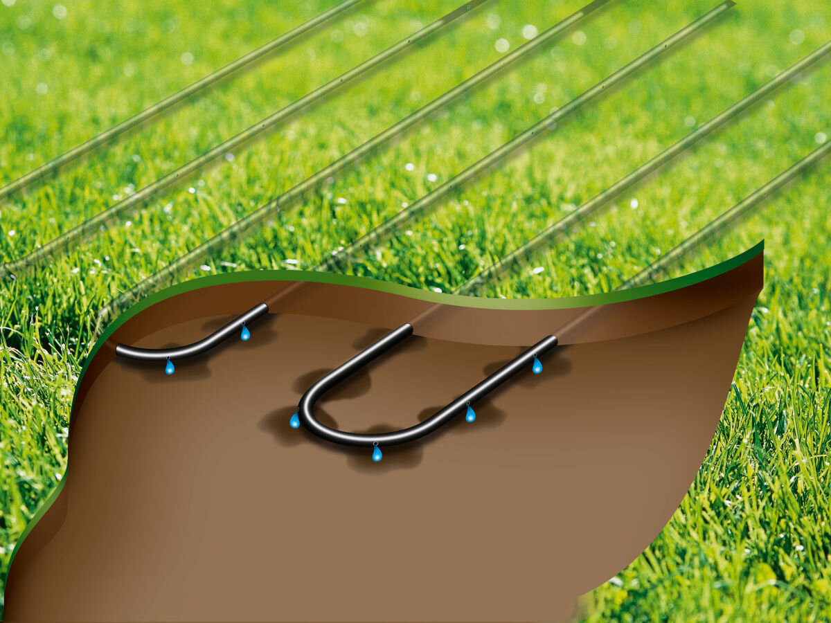 Linia kroplująca GARDENA Micro-Drip-System 1395-20, średnica, Kroplowniki, Precyzyjne, woda, wizualizacja wkopanego systemu linii kroplującej pod ziemią
