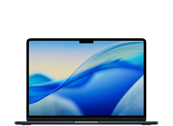 Laptop z wyświetlaczem Retina, pokazujący abstrakcyjną grafikę z niebieskimi i żółtymi odcieniami. Obudowa jest w kolorze ciemnym, a na ekranie widoczny jest wcięcie na kamerę.