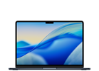Laptop z wyświetlaczem pokazującym abstrakcyjną grafikę z niebieskimi i żółtymi odcieniami. Obudowa jest w ciemnym kolorze, a na górnej krawędzi ekranu widoczny jest wcięcie na kamerę.