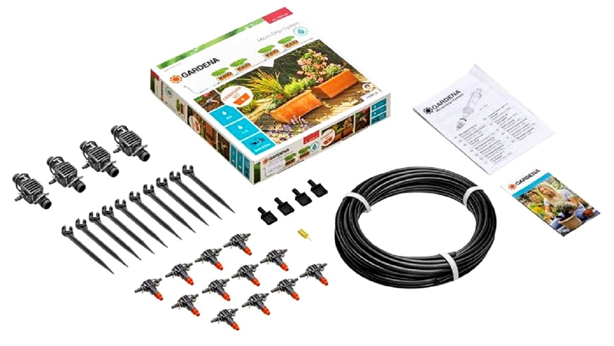 Zestaw do nawadniania GARDENA Micro-Drip-System 13006-20 10 metrów rury rozdzielczej 4 rozdzielacze T z redukcją 12 kroplowników rzędowych 10 szpilek utrzymujących rurę 4,6 mm 4 korki zamykające instrukcja obsługi w języku polskim karta gwarancyjna