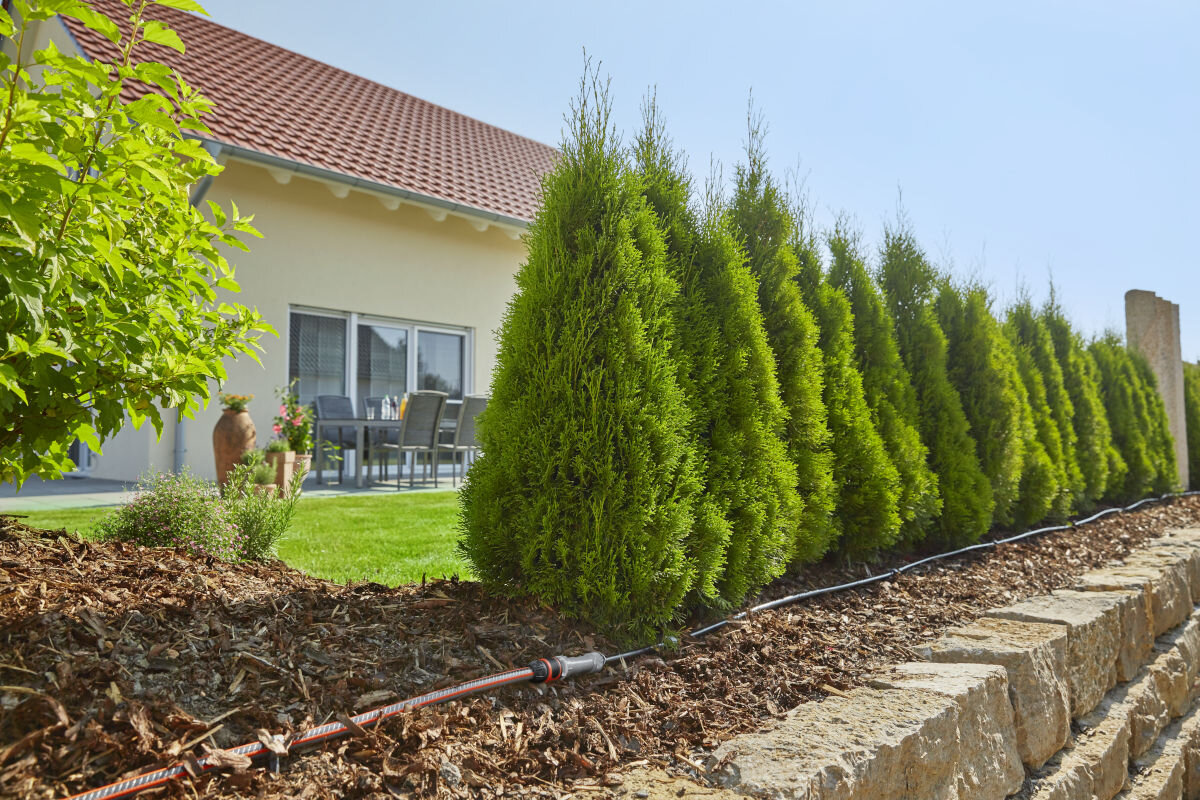 Zestaw do nawadniania GARDENA 13011-20 (25 m), ogród, podlewanie, woda, wilgoć, linia kroplująca leży w korze obok krzewów