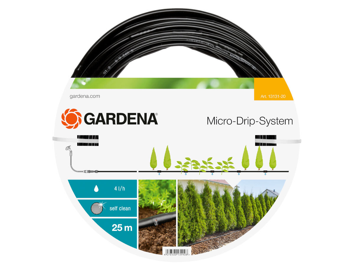 Linia kroplująca GARDENA Micro-Drip-System 13131-20 (25 m), długośc, metry, równomierne, litry, na białym tle opakowanie fabryczne linii kroplującej