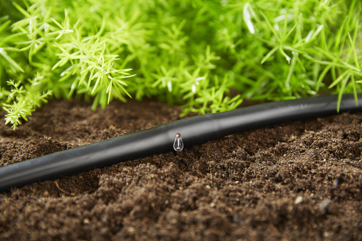 Linia kroplująca GARDENA Micro-Drip-System 13131-20 (25 m), powierzchnia, elementy, dostosowanie, elastyczne, zbliżenie na linię kroplującą w grządce