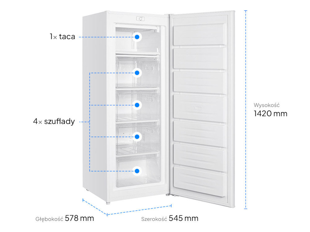 Zamrażarka z otwartymi drzwiami, posiadająca 1 tacę i 4 szuflady. Wymiary to: wysokość 1420 mm, głębokość 578 mm, szerokość 545 mm.